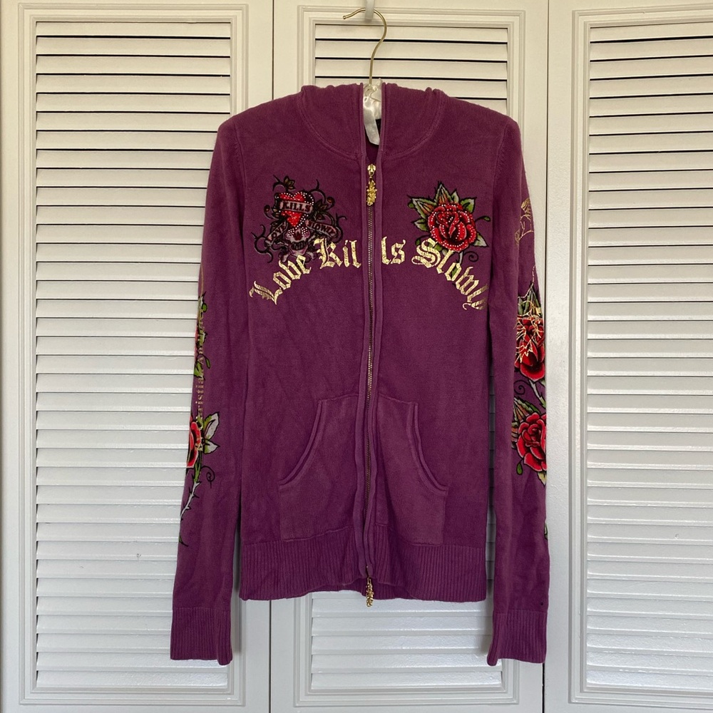 Purple Ed Hardy zip up hoodie with skull and rose design